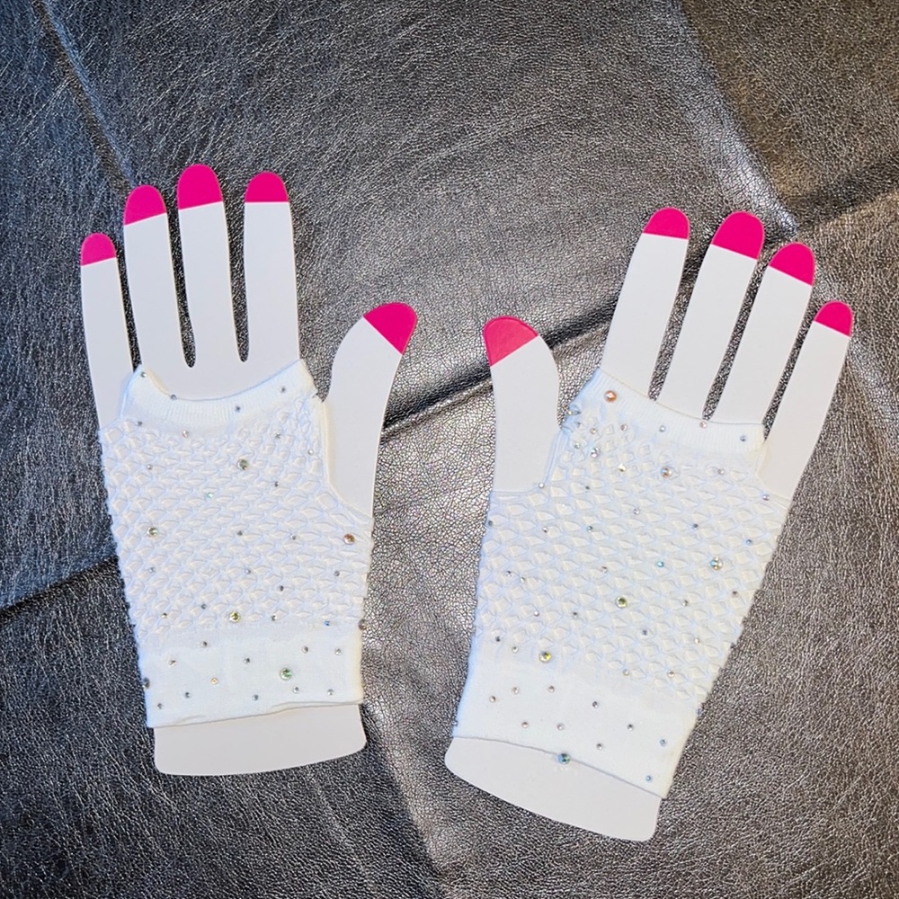 Madonna 80s inspired white fishnet fingerless gloves with sparkle